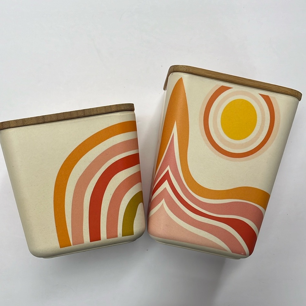 2 Boho Ciroa bamboo fiber containers with rubber  seal bamboo lids.